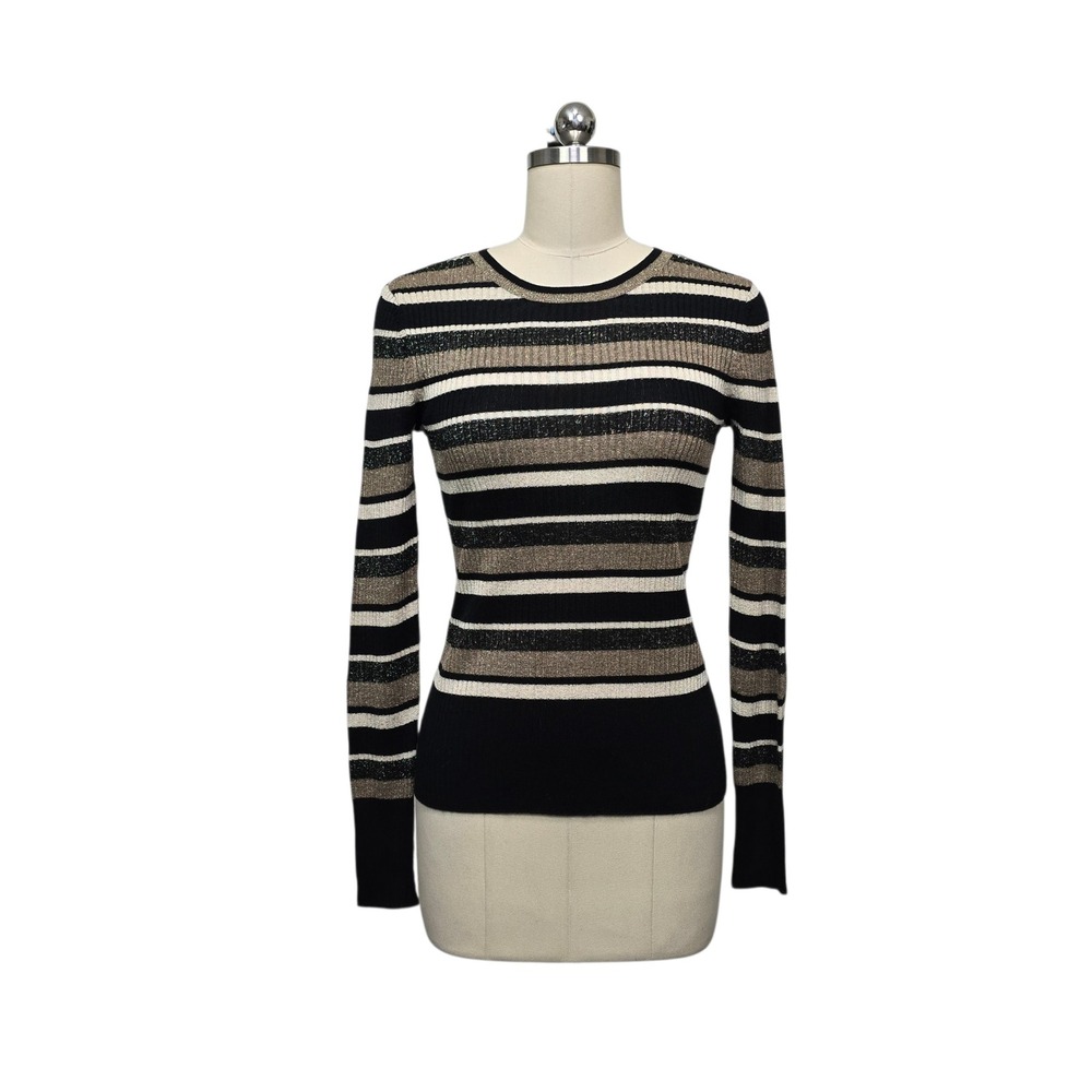 FRAME Gold Multi Striped Metallic Ribbed Knit Sweater Womens Size Small